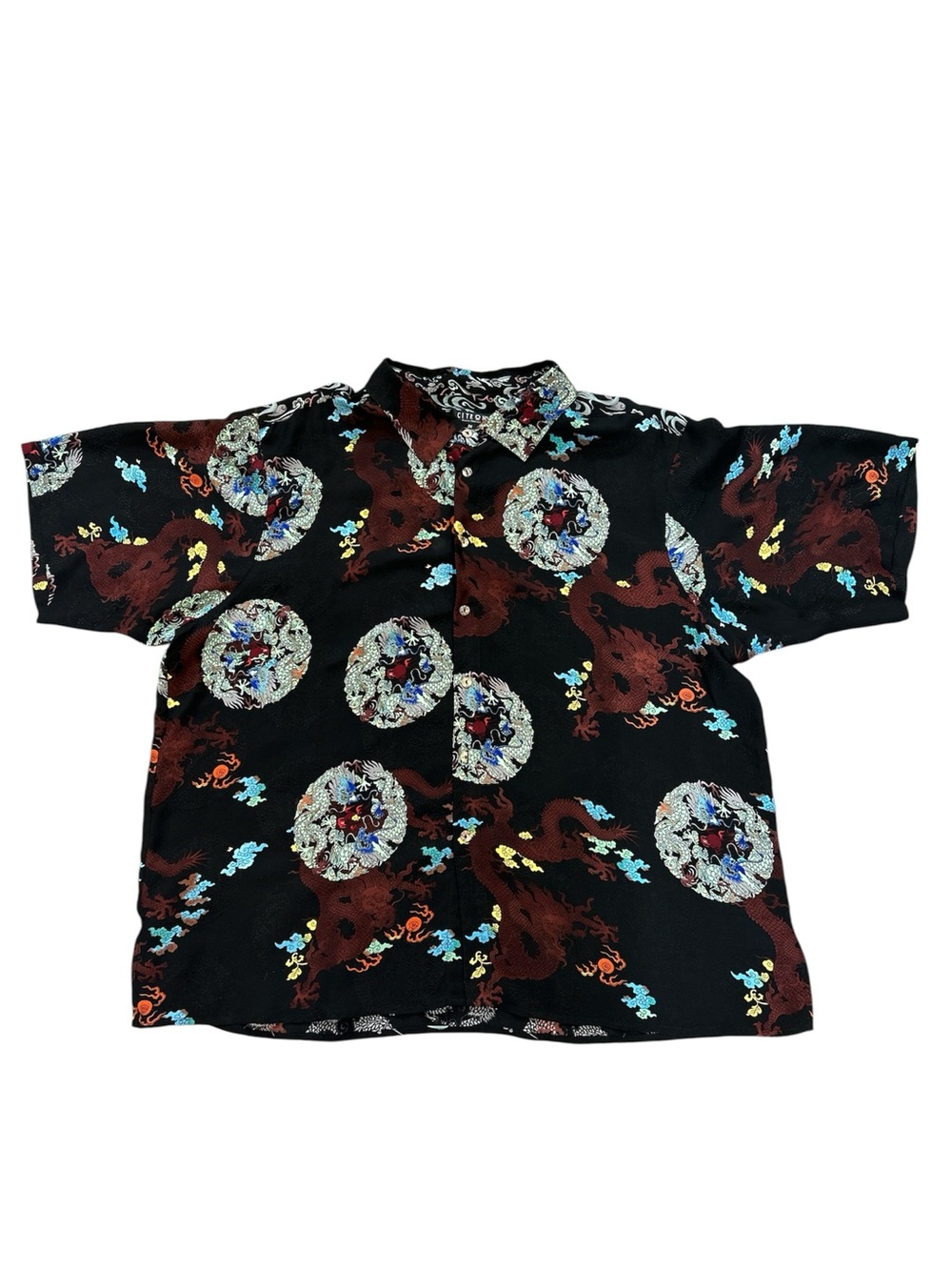 Citron Santa Monica silk dragon print button down black rust 3X